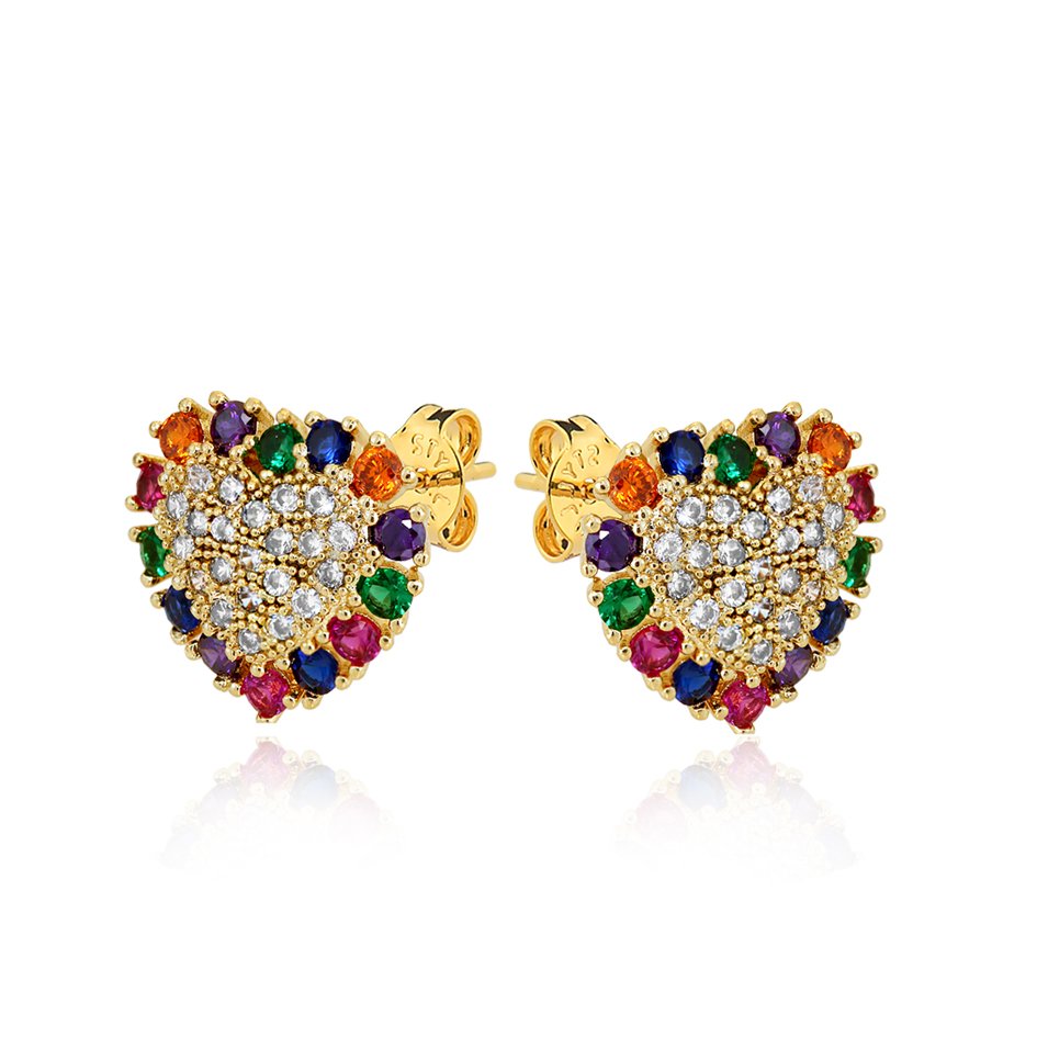 Brinco Coração Banhado a Ouro 18k Cravejado 74 Micro Zircônia Colorida