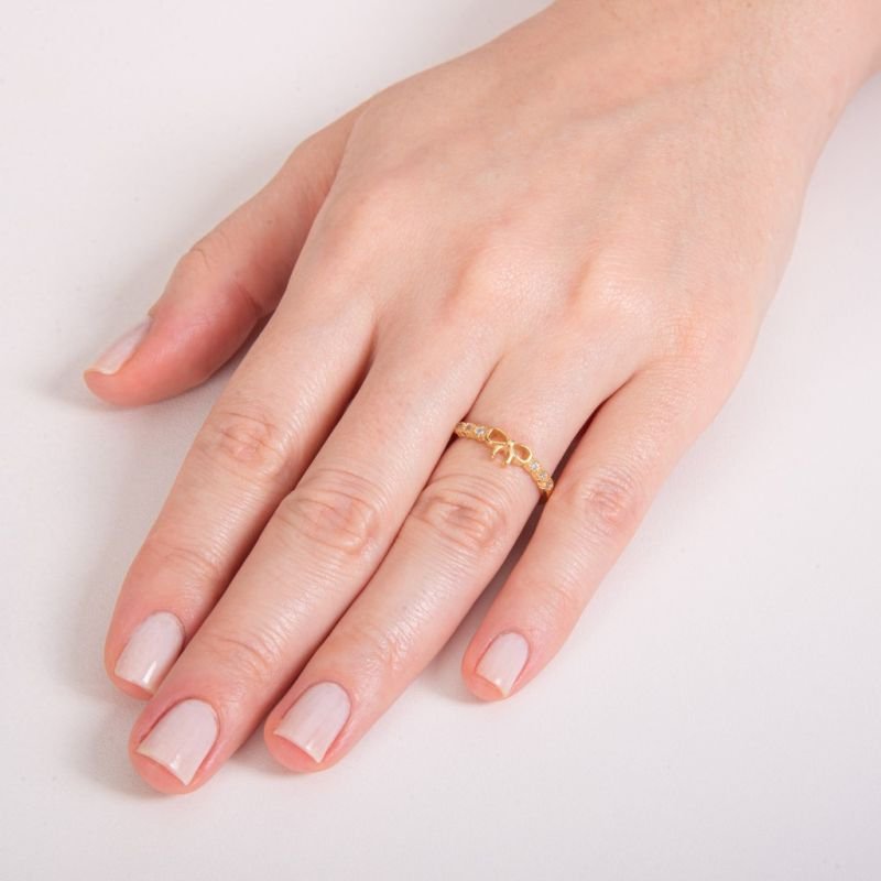 Anel Banho de Ouro 18k Frente Lacinho com Detalhe de Pedrinhas Zircônias Redondas