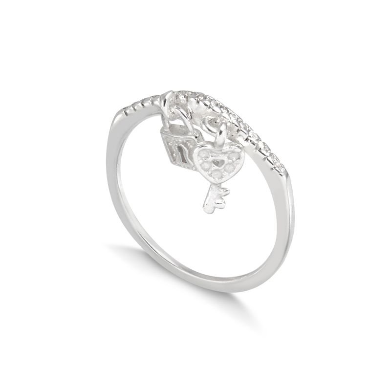 Anel de Prata 925 com Micro Zircôniae Pingente de Cadeado e Chave