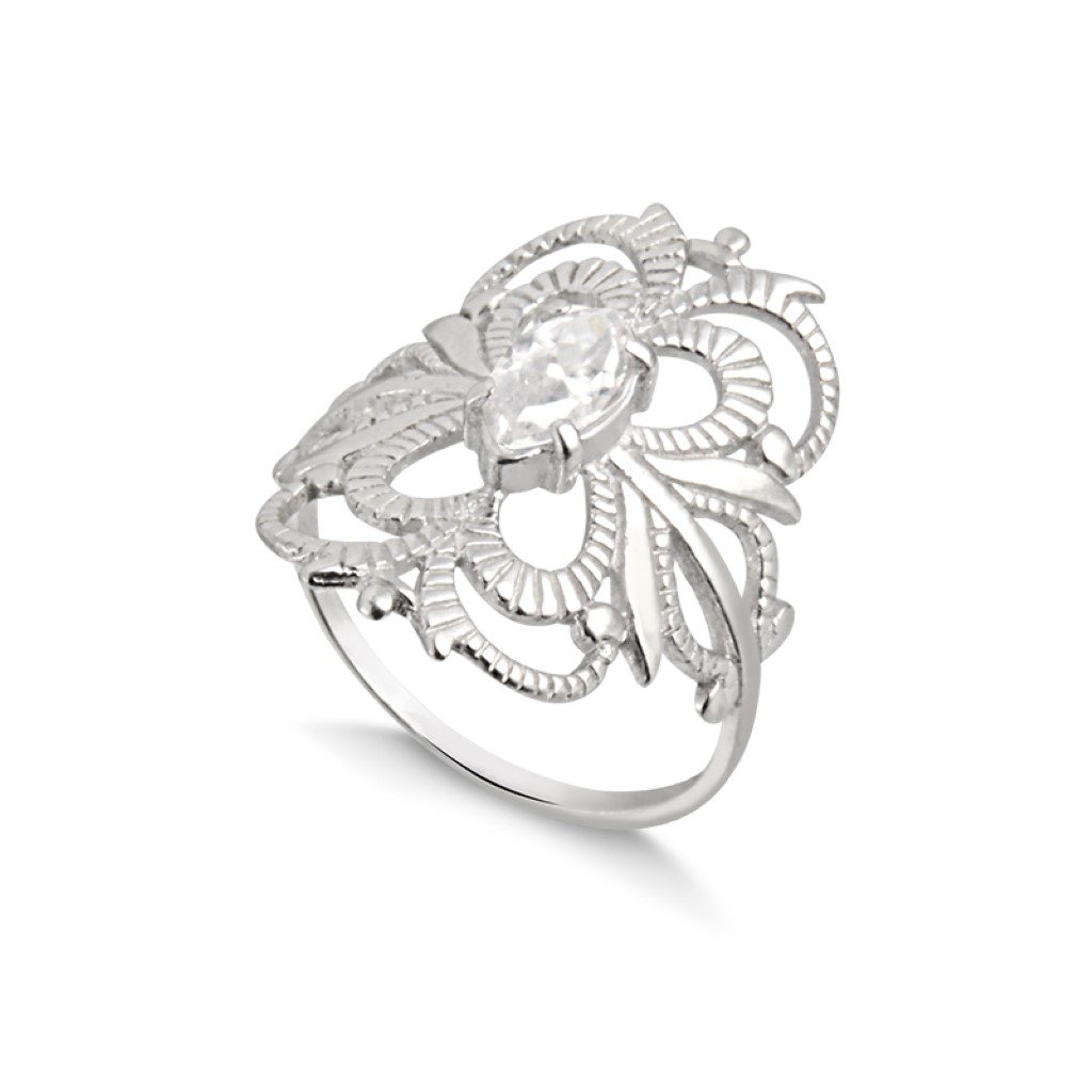 Anel Prata 925 Flor Grande Trabalhada Detalhe Pedra Zircônia