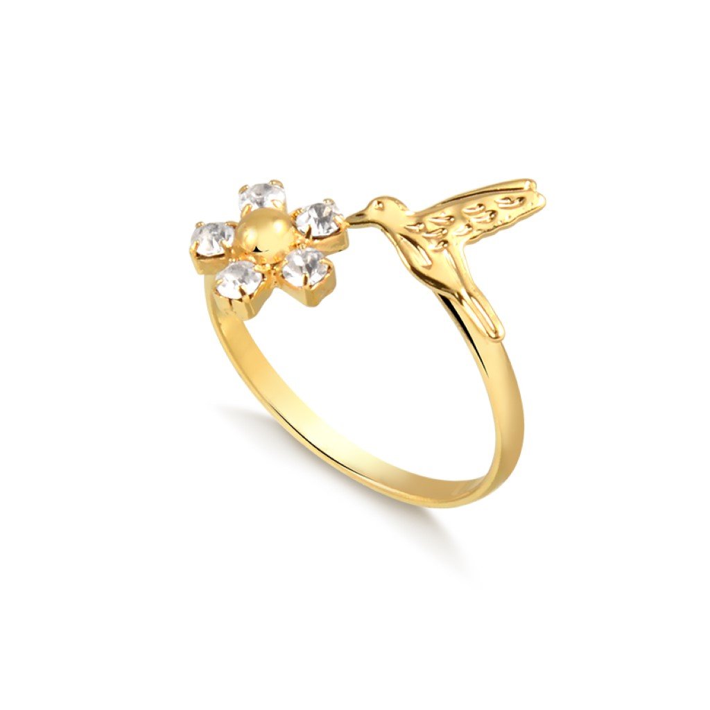 Anel Dourado de Falange Flor e Beija-Flor com Detalhe de Pedrinha