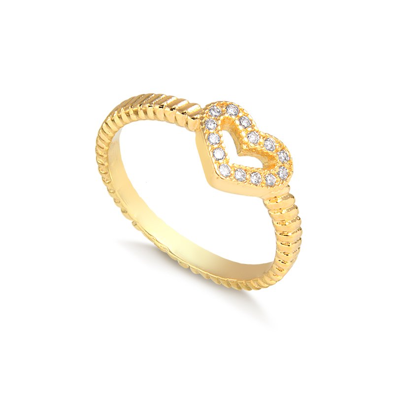 Anel Banho de Ouro 18k Lateral Frisada com Coração Vazado e Pedrinhas