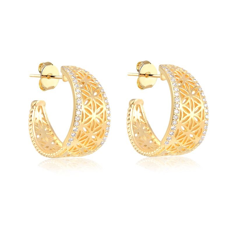 Argola Banho de Ouro 18k com Tarraxa Larga Trabalhada e Detalhes em Pedrinhas (2cm)