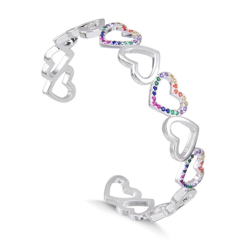 Bracelete Banho De Prata Com Corações Vazados E Detalhe De Pedras Coloridas