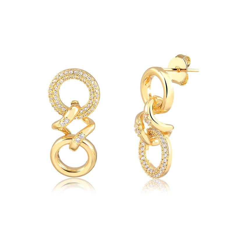 Brinco Pendurado Banho de Ouro 18k Argolas com Detalhe Torcido e Pedras de Zircônia (3cm)