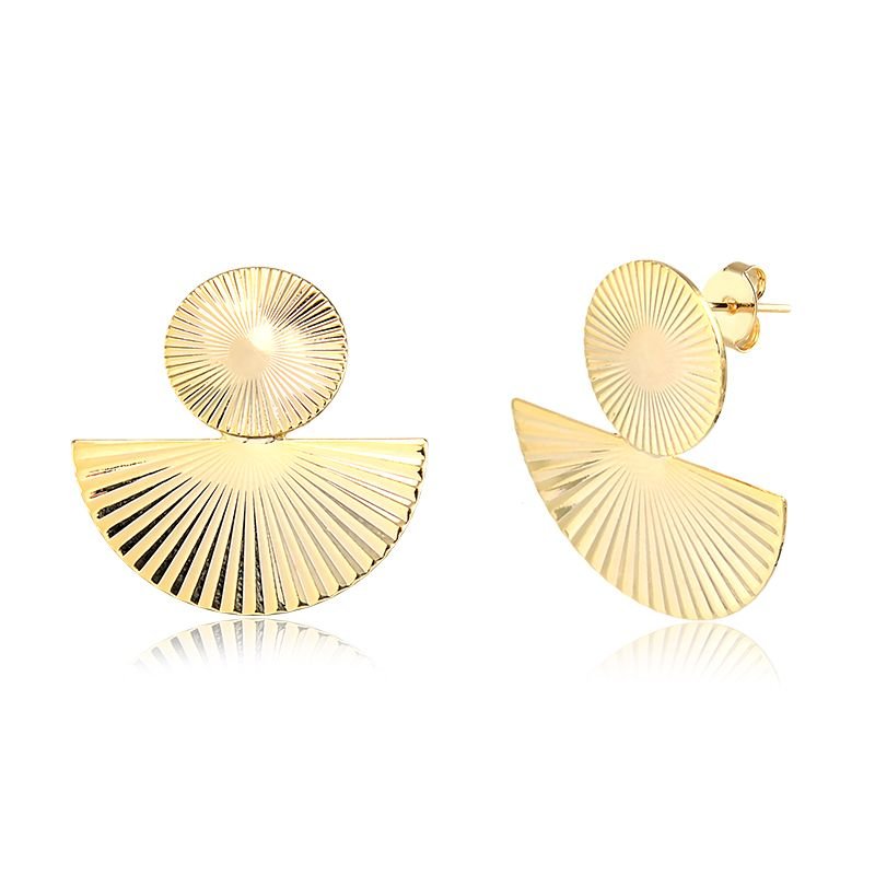 Brinco Pendurado Banho de Ouro 18k Base Circular e Meia Lua com Detalhe 3D (2,5cm)