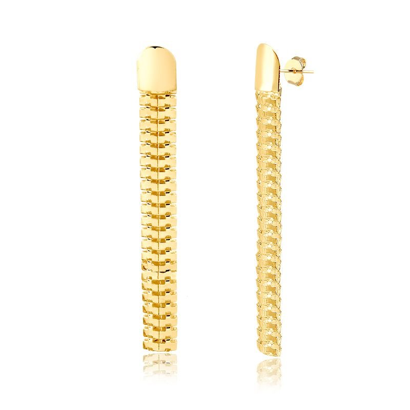 Brinco Pendurado Banho de Ouro 18K Base Lisa com Detalhe Lacraia Trabalhado Grande (6,5cm)