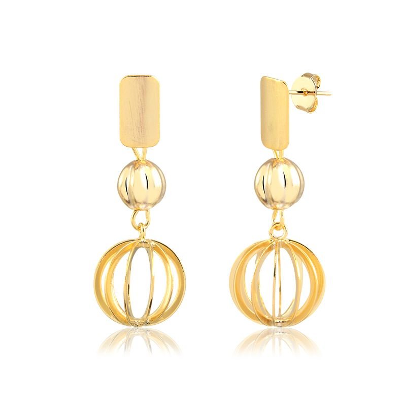 Brinco Pendurado Banho de Ouro 18K Base Lisa com Globinhos Liso e Vazado (4cm)