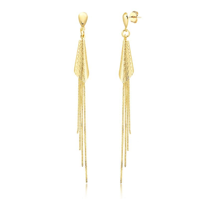Brinco Pendurado Banho de Ouro 18k com Base Lisa Cone Diamantado e Detalhe em Franja Veneziana (9,5cm)