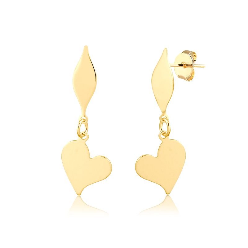 Brinco Pendurado Banho de Ouro 18K com Base Lisa e Detalhe de Chapa Coração Liso (3,5cm)