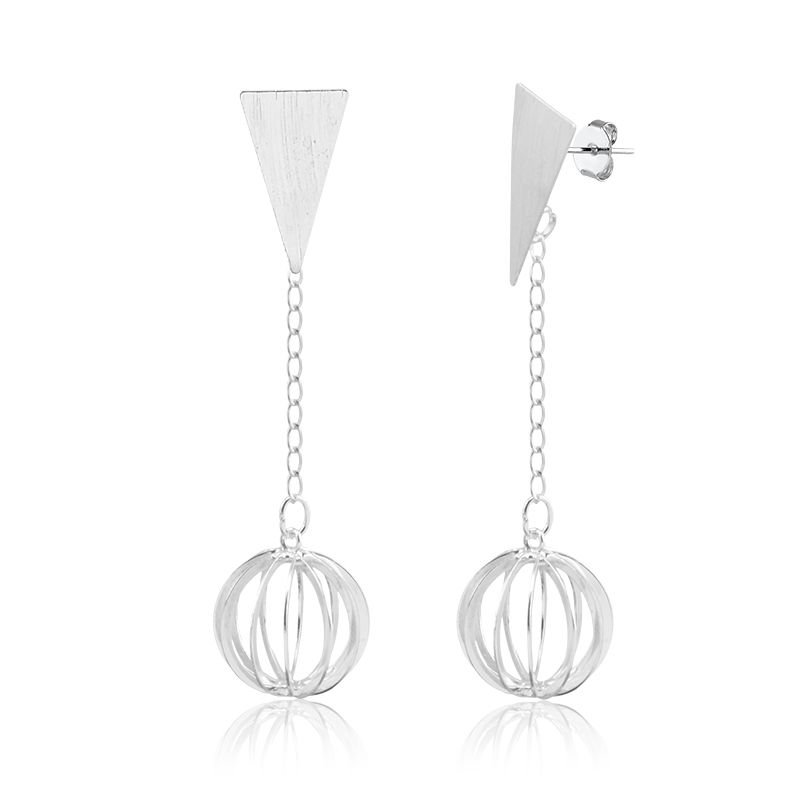 Brinco Pendurado Banho de Prata com Base Triangular Fio com Globo (7cm)