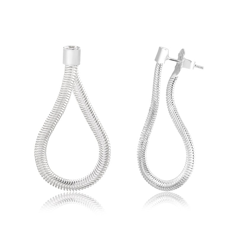 Brinco Pendurado Banho de Prata em Formato de Fita com Detalhe Diamantado e Tarraxa (4cm)