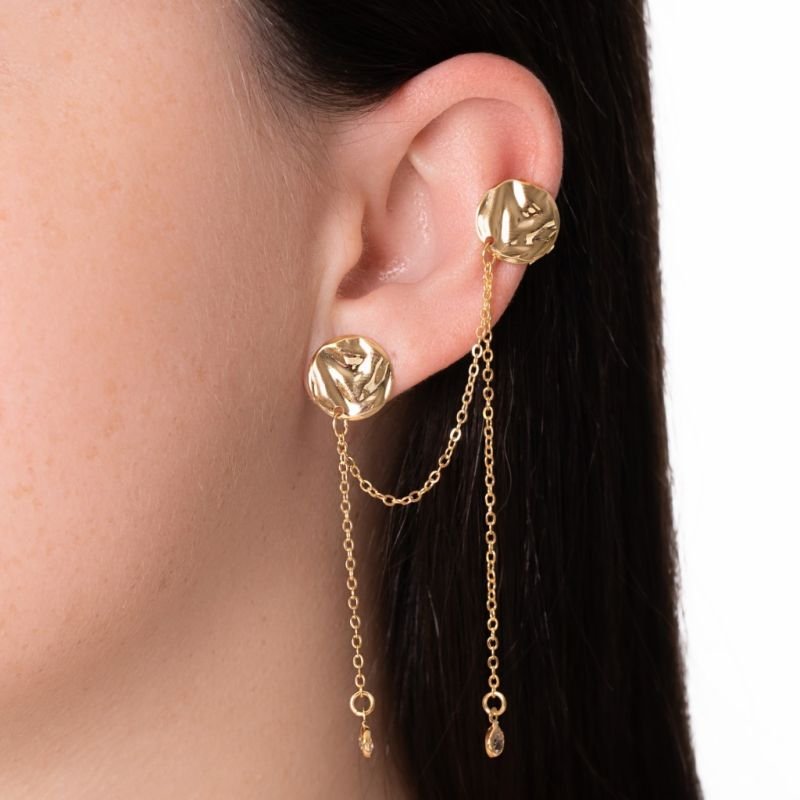 Brinco Pequeno Banho de Ouro 18k + Piercing Circular Amassado e Pedra Zircônia Fios (1,3cm)