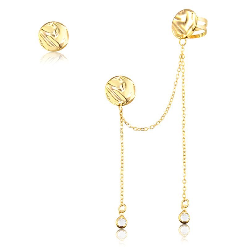 Brinco Pequeno Banho de Ouro 18k + Piercing Circular Amassado e Pedra Zircônia Fios (1,3cm)