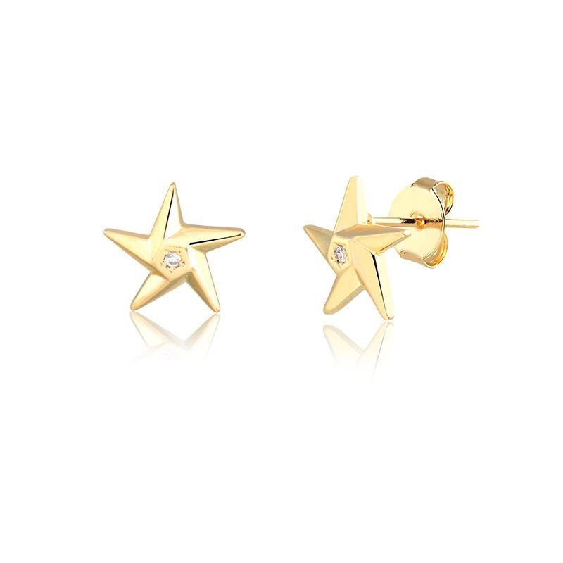 Brinco Pequeno Banho de Ouro 18K Estrela Lisa com Detalhe de Pedrinha (1cm)