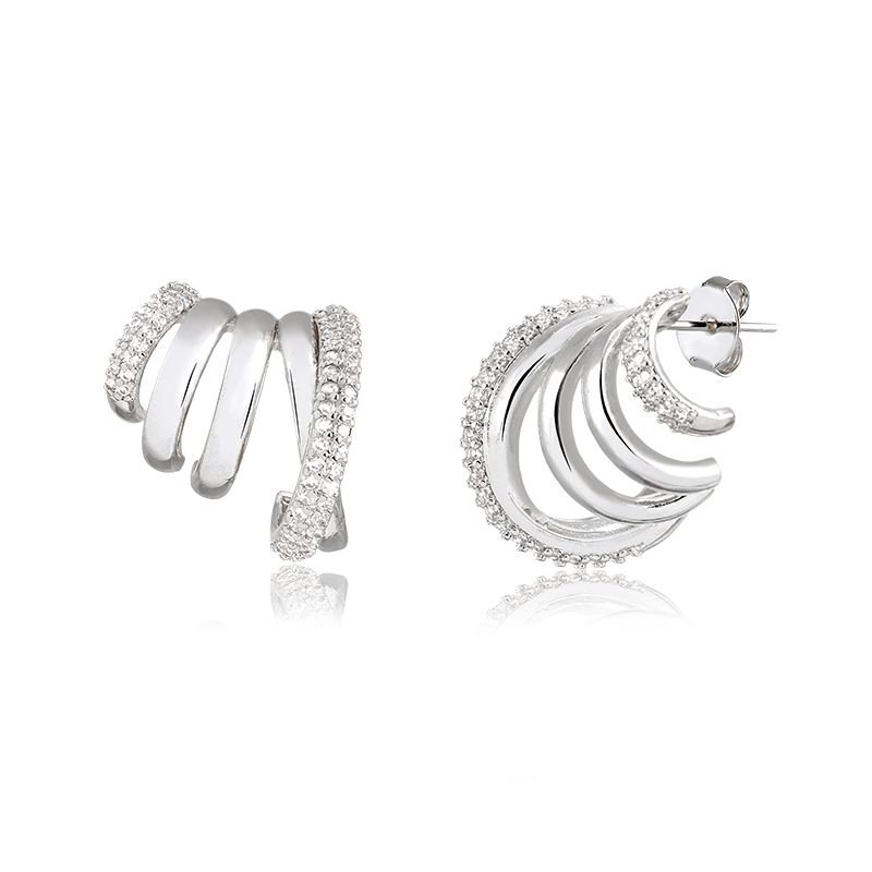 Brinco Pequeno Ródio Branco Tiras Curvas com Detalhes em Pedras de Zircônia (2,5cm)