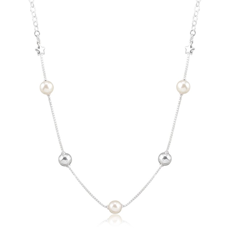 Colar Banho de Prata Corrente Veneziana com Bolas Lisas e Detalhe em Pérolas (35cm)