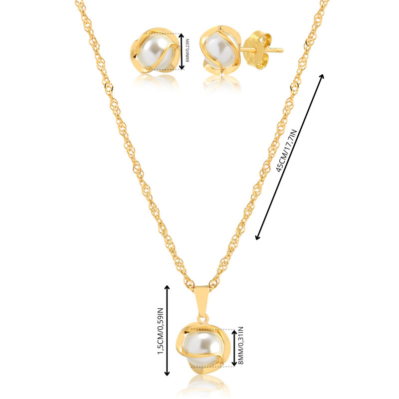 Conjunto Banho de Ouro 18k Brinco e Colar com Pingente de Pérola Detalhe Volta (45cm-8mm-1,5cm)