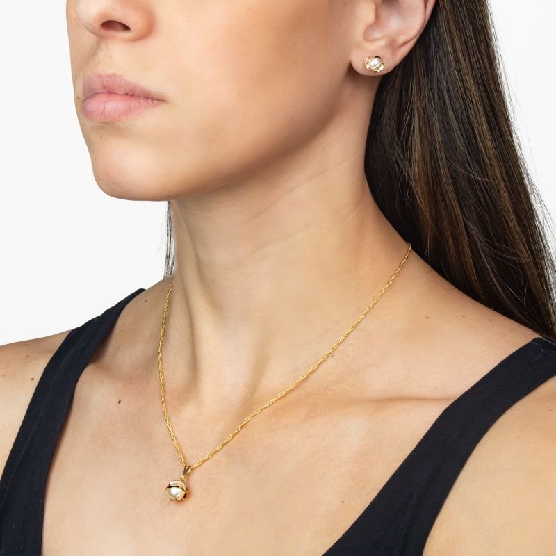 Conjunto Banho de Ouro 18k Brinco e Colar com Pingente de Pérola Detalhe Volta (45cm-8mm-1,5cm)
