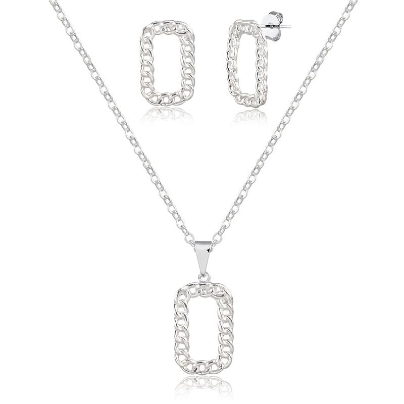 Conjunto Banho de Prata Brinco e Colar Elos 1x1 Retangulares Vazados (45cm-2cm-2,7cm)