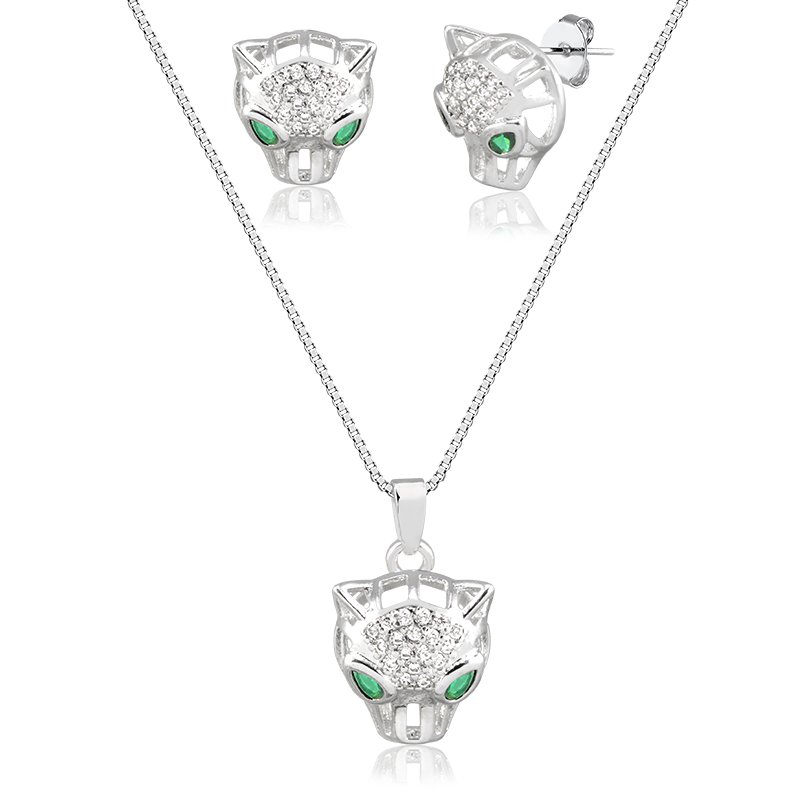 Conjunto Banho de Prata Brinco e Colar Veneziana com Pingente Pantera Trabalhada e Detalhe em Pedra (45cm-1cm-1,3cm)