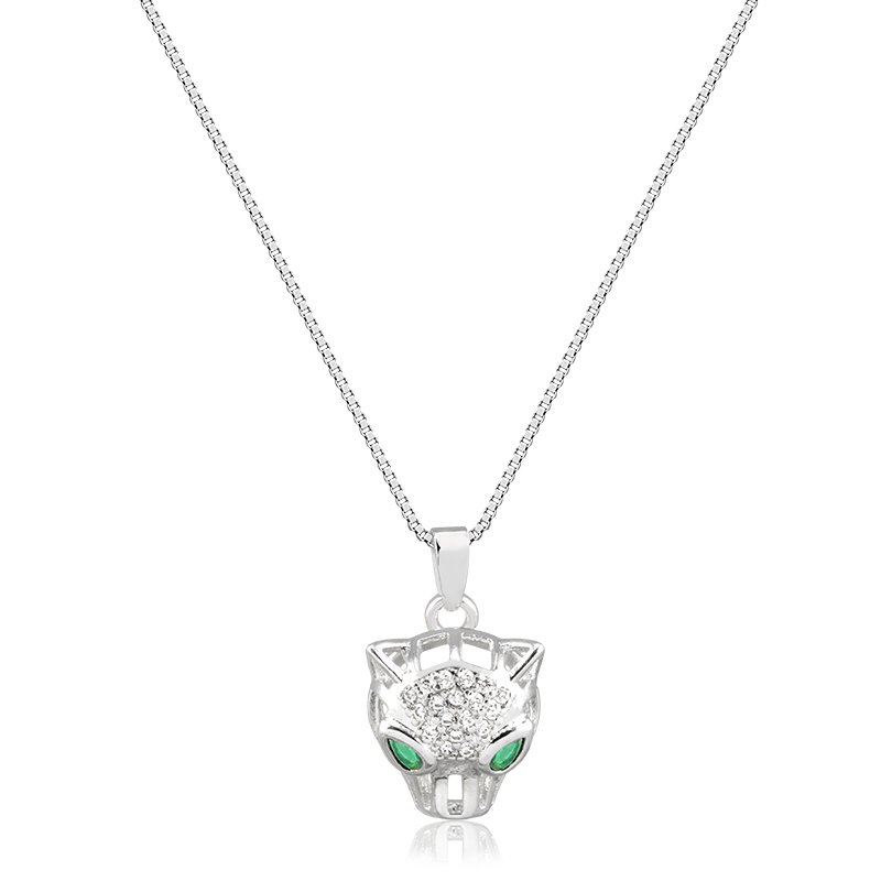 Conjunto Banho de Prata Brinco e Colar Veneziana com Pingente Pantera Trabalhada e Detalhe em Pedra (45cm-1cm-1,3cm)