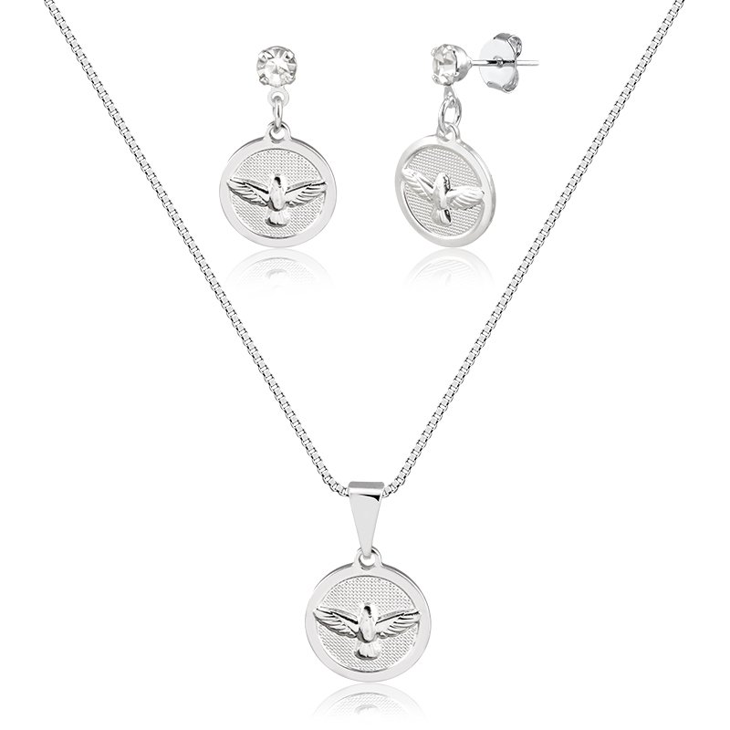 Conjunto Banho de Prata Brinco e Colar Veneziano com Pingente de Pombinho e Detalhe em Pedra (45cm)