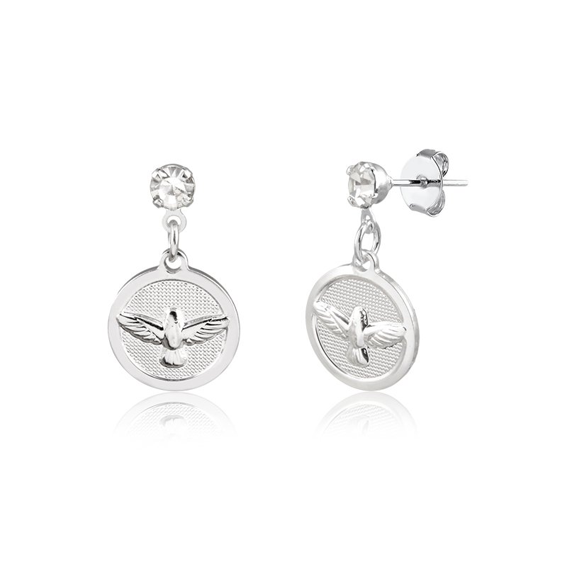 Conjunto Banho de Prata Brinco e Colar Veneziano com Pingente de Pombinho e Detalhe em Pedra (45cm)