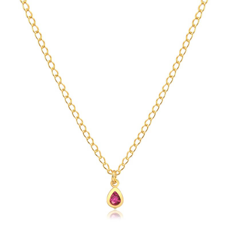 Conjunto Infantil Banho de Ouro 18K Brinco e Colar Elos 1X1 com Pingente Gotinha e Detalhe em Pedrinha (35cm-5mm-1cm)