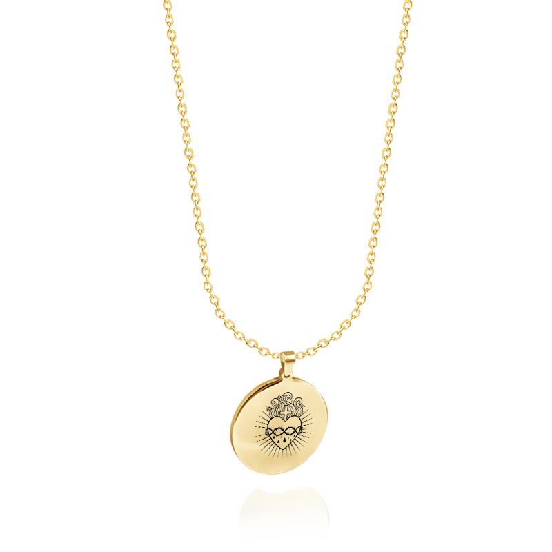 Colar Personalizado de Aço Dourado Elos 1x1 Fino com Pingente Medalha Grossa Circular Grande Lisa
