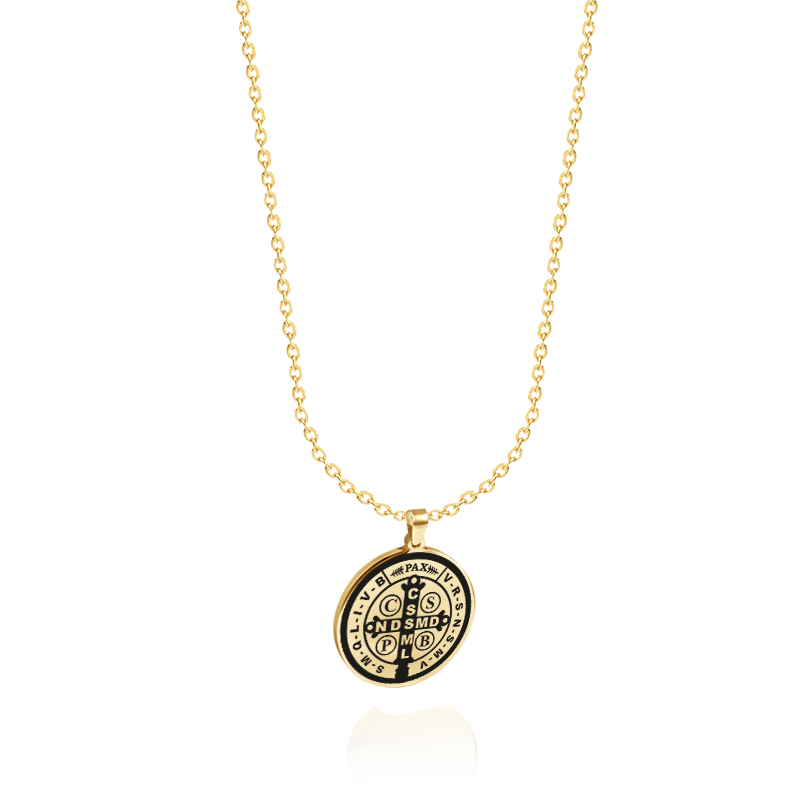 Colar Personalizado de Aço Dourado Elos 1x1 Fino com Pingente Medalha Grossa Circular Grande Lisa