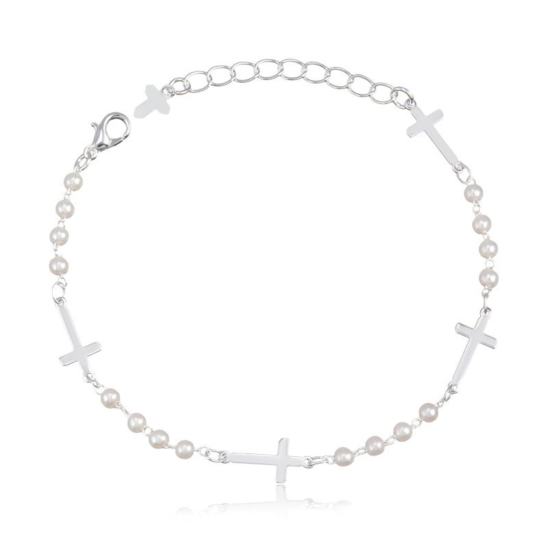 Pulseira Banho de Prata com Chapas de Cruz Lisas e Detalhe em Pérolas (18cm)