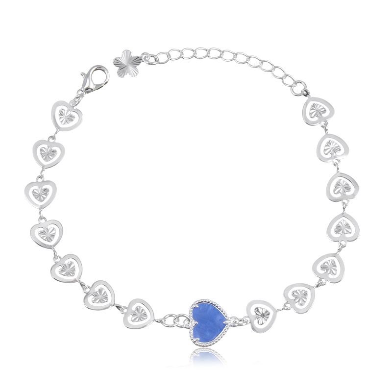 Pulseira Banho de Prata Corações Diamantados com Detalhe em Pedra (18cm)
