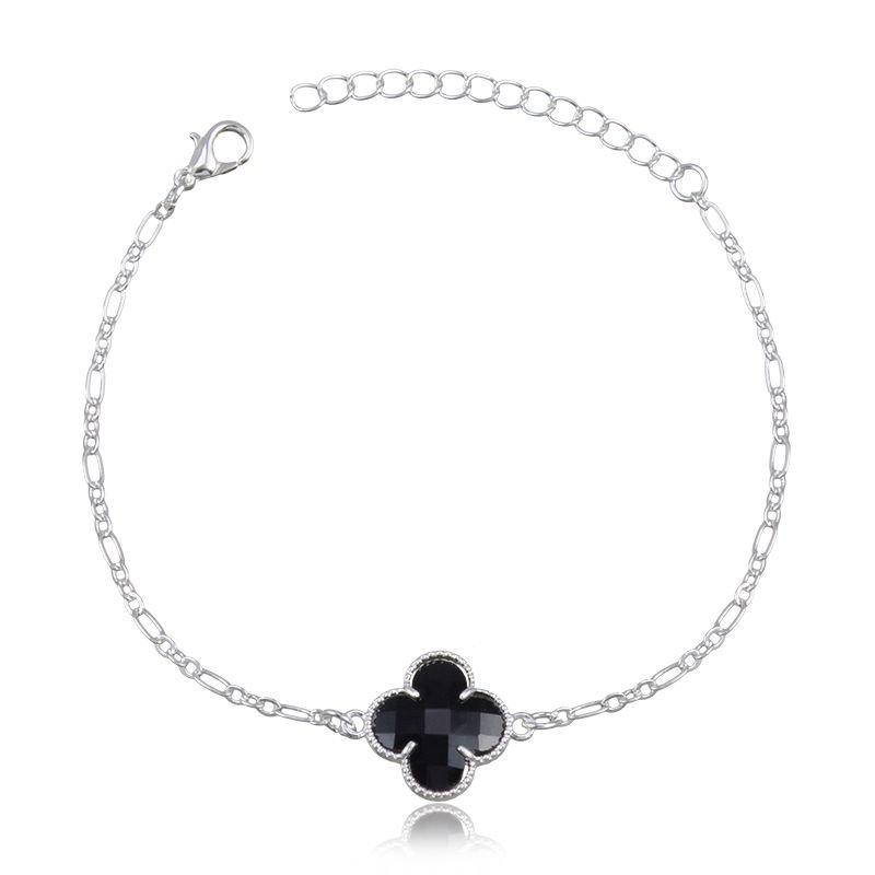 Pulseira Banho de Prata Elos 1X1 com Pingente 1 Motivo Alhambra Van Cleff Preto