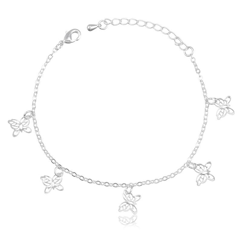 Pulseira Banho de Prata Elos 1x1 com Pingentes de Borboletas Vazadas (17cm)