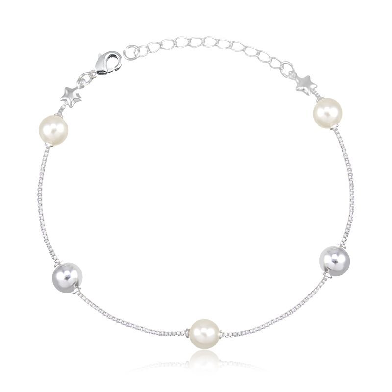 Pulseira Banho de Prata Veneziana com Bolas Lisas e Detalhe em Pérolas (19cm)