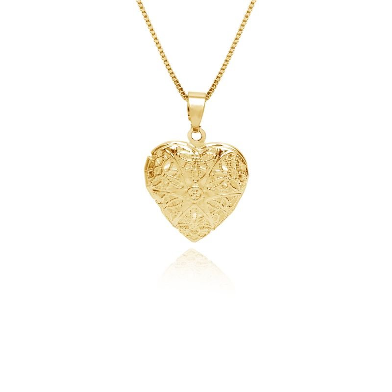 Relicário Personalizado Banho de Ouro 18K Veneziano com Pingente em Formato de Coração Trabalhado com Flor