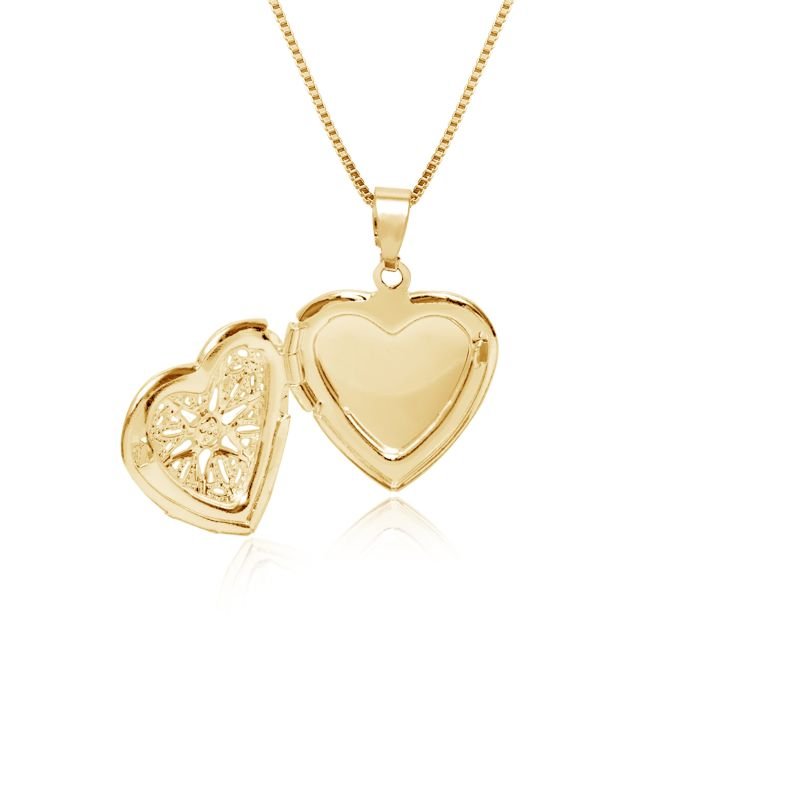 Relicário Personalizado Banho de Ouro 18K Veneziano com Pingente em Formato de Coração Trabalhado com Flor